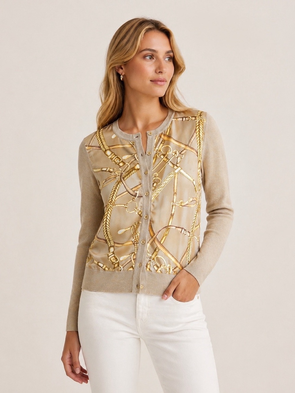 EUC LAUREN Ralph Lauren Beige Silk Cardigan with Gold Chain Print M Medium